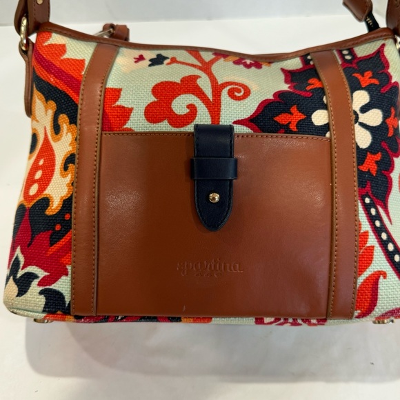 SPARTINA 449 tan leather linen in gorgeous light blue print purse bag - Picture 4 of 16